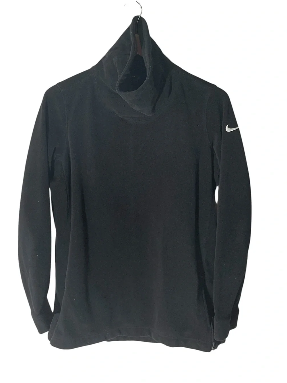 C38- Nike Dri Fit Fleece Black Funnel Neck Long Sleeve Top with White Swoosh